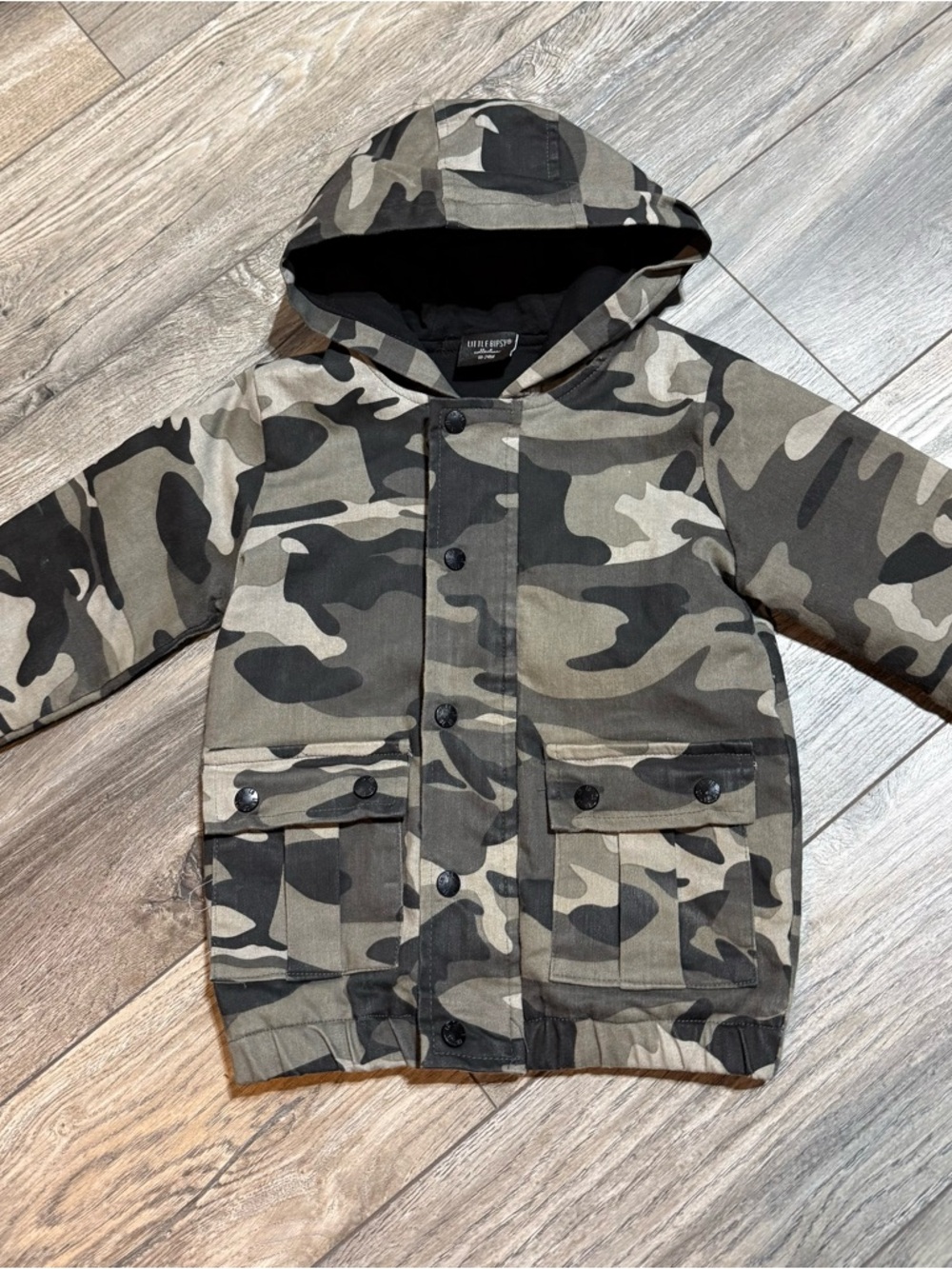 Little Bipsy Camo Hooded Jacket in Green, Black, Tan